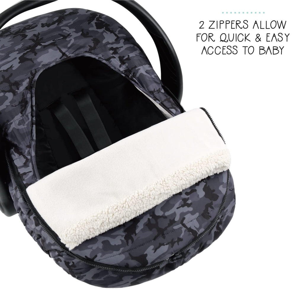 The Peanutshell car seat cover shows removable top for temperature control