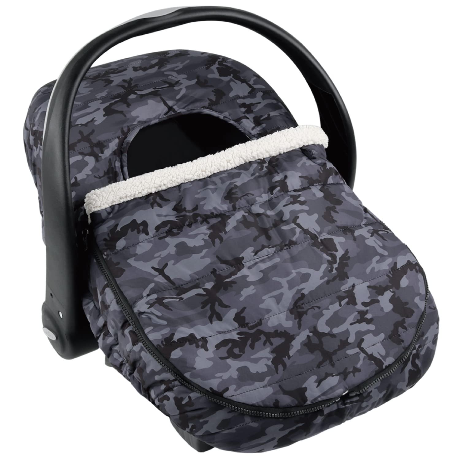 The Peanutshell car seat cover in use providing 360-degree warmth for baby
