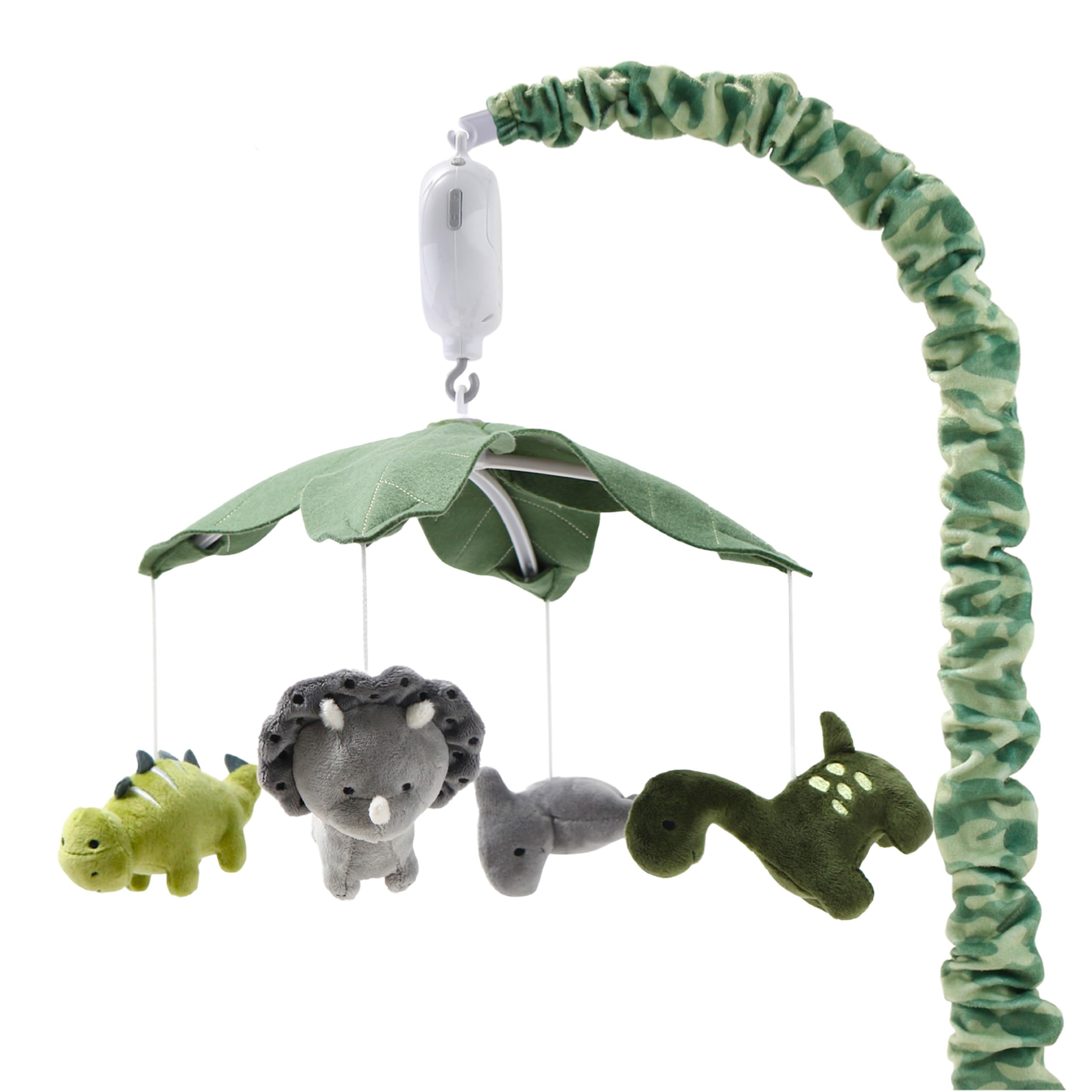 The Peanutshell crib mobile with dinosaur figures softly rotates to soothe baby.