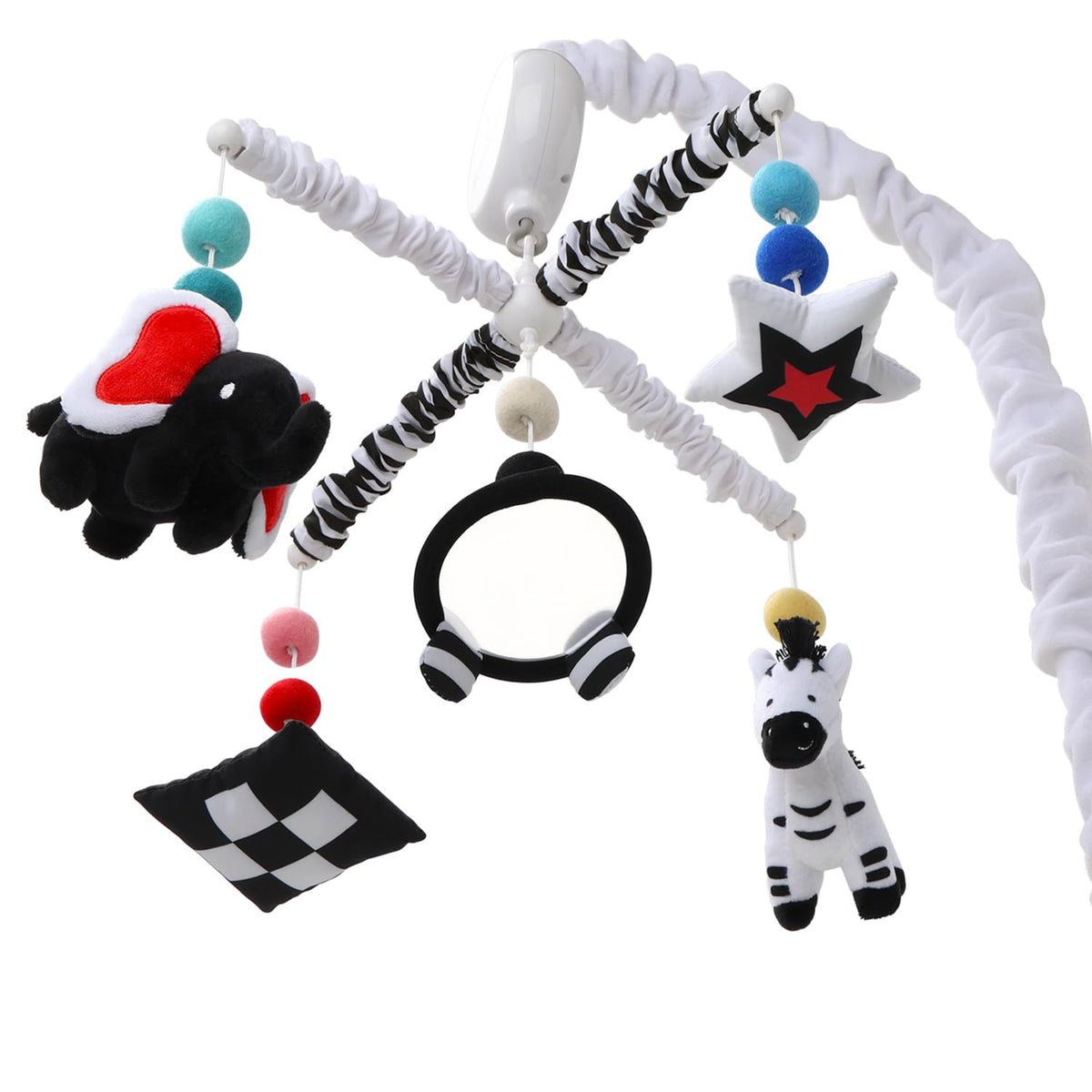 The Peanutshell crib mobile featuring elephant, zebra and stars stimulates visual tracking.