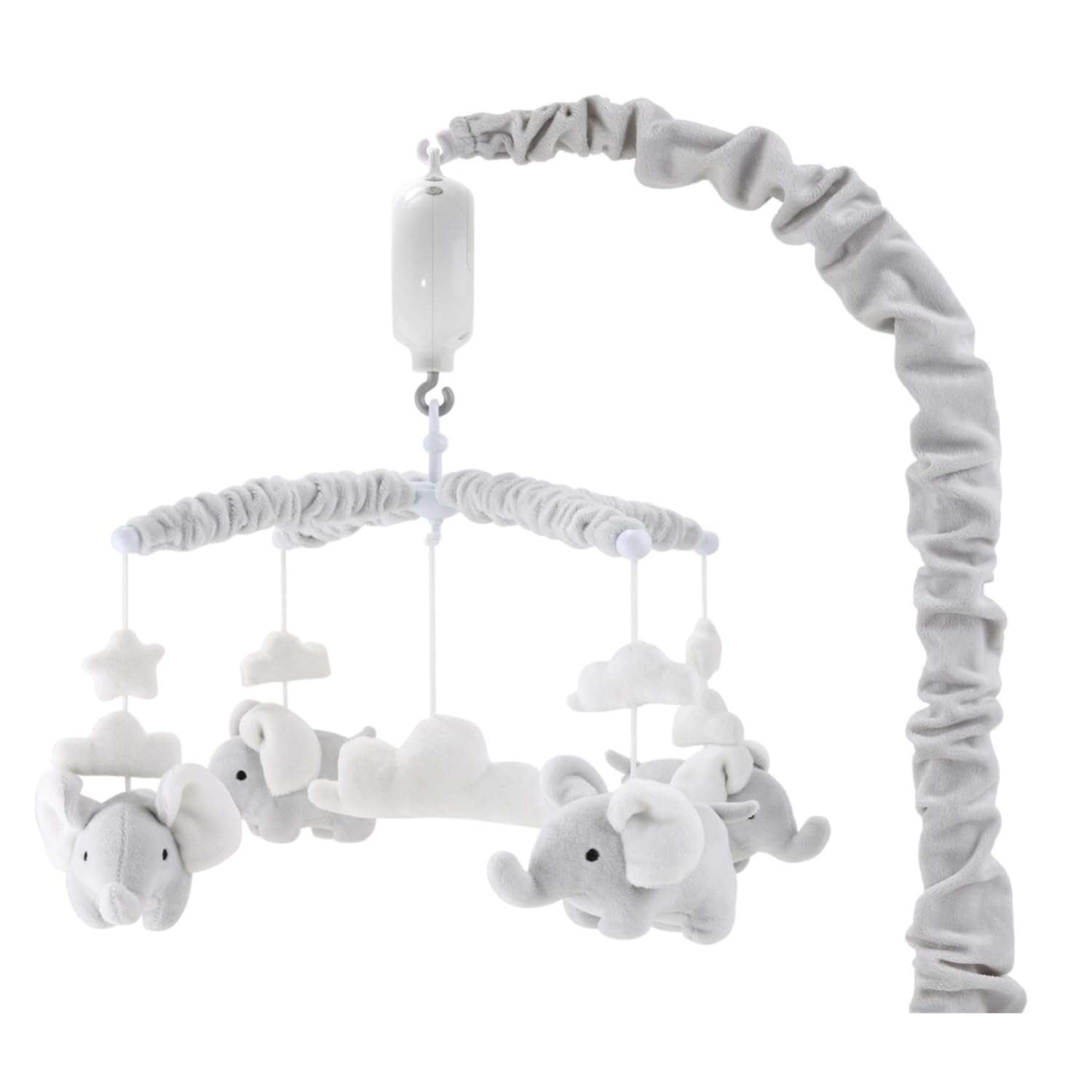 The Peanutshell crib mobile with grey elephants soothing baby during naps