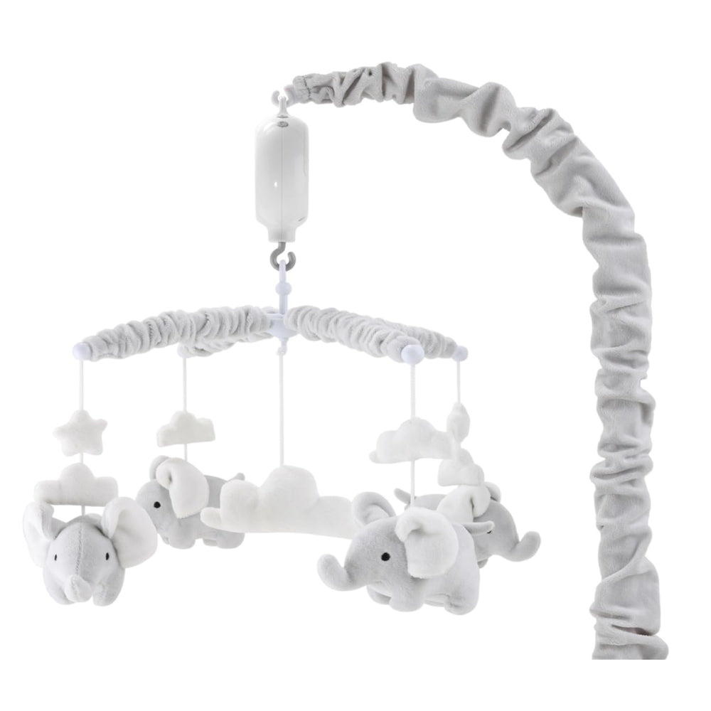 The Peanutshell crib mobile with grey elephants soothing baby during naps