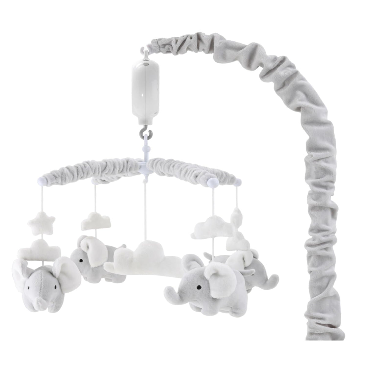 The Peanutshell crib mobile with grey elephants soothing baby during naps