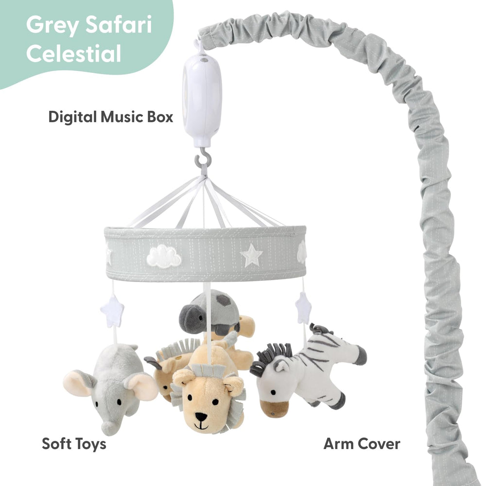 The Peanutshell crib mobile featuring safari plush toys for soothing visual appeal.
