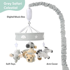 The Peanutshell crib mobile featuring safari plush toys for soothing visual appeal.