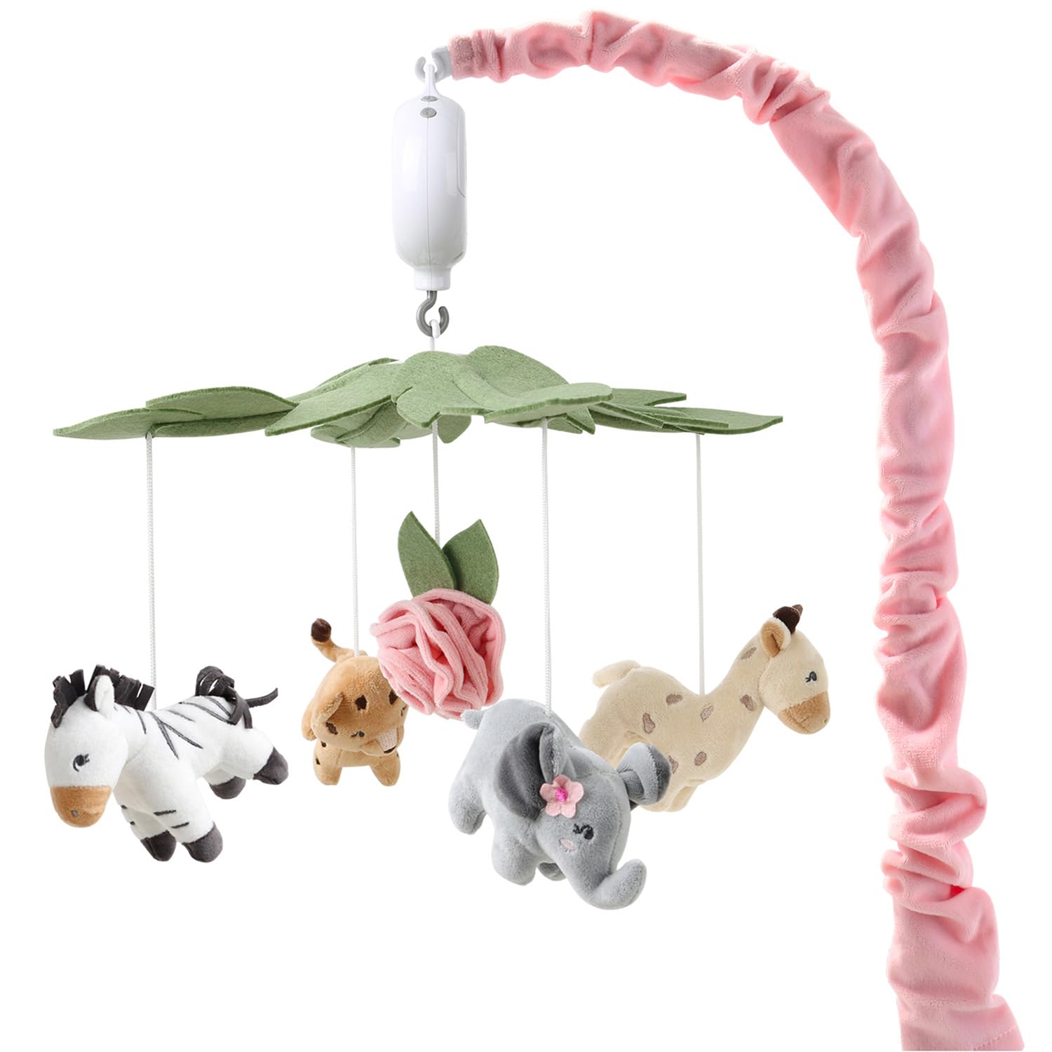 The Peanutshell crib mobile with plush safari animals and gentle rotation for soothing ambience.