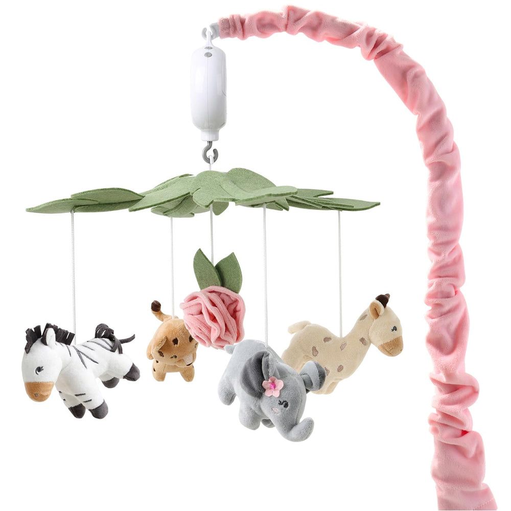 The Peanutshell crib mobile with plush safari animals and gentle rotation for soothing ambience.