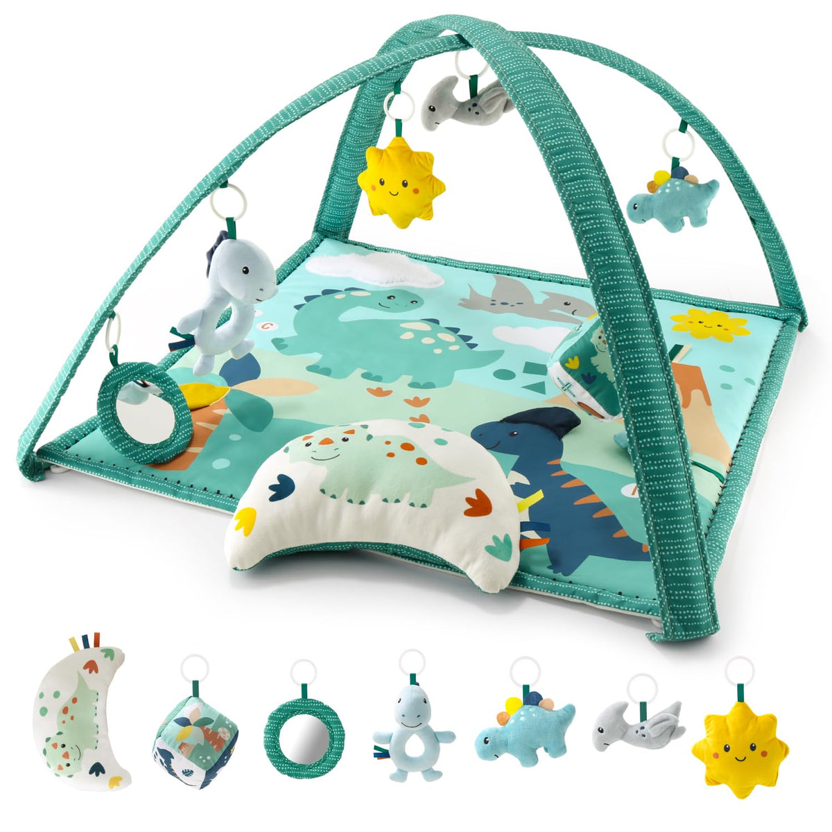 The Peanutshell dino-adventure play gym inspires tummy time and imaginative play.
