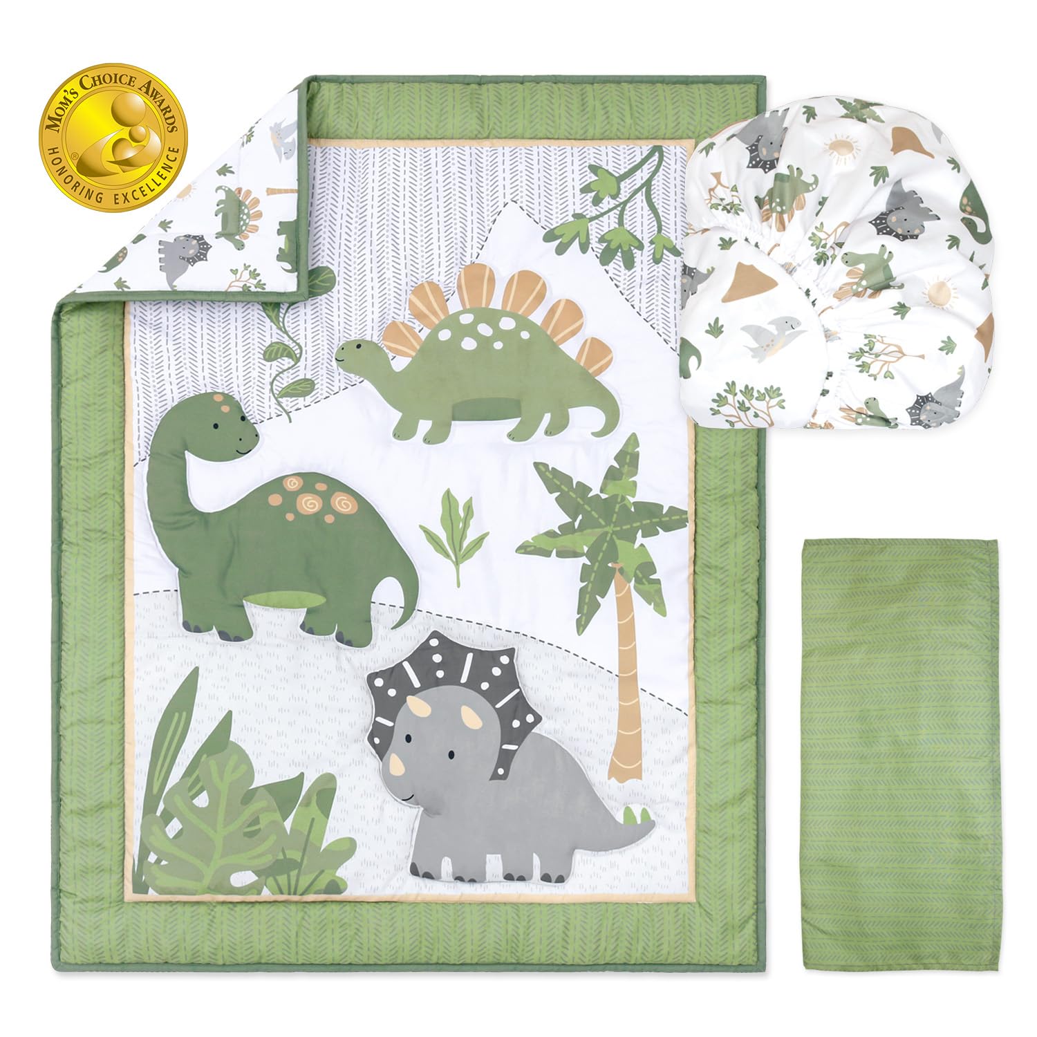 The Peanutshell Dinosaur Dreams fitted sheet shows secure fit for standard cribs and easy care.