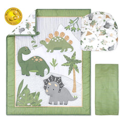 The Peanutshell Dinosaur Dreams fitted sheet shows secure fit for standard cribs and easy care.