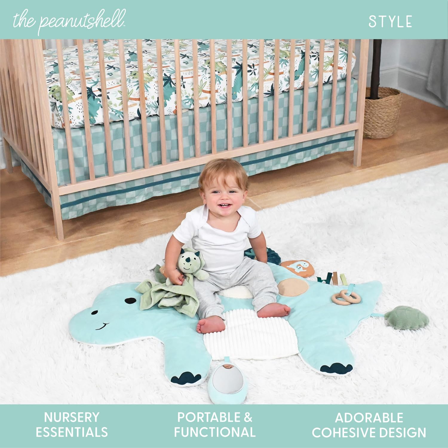 The Peanutshell dinosaur tummy time mat activity features promote exploration and early motor play.