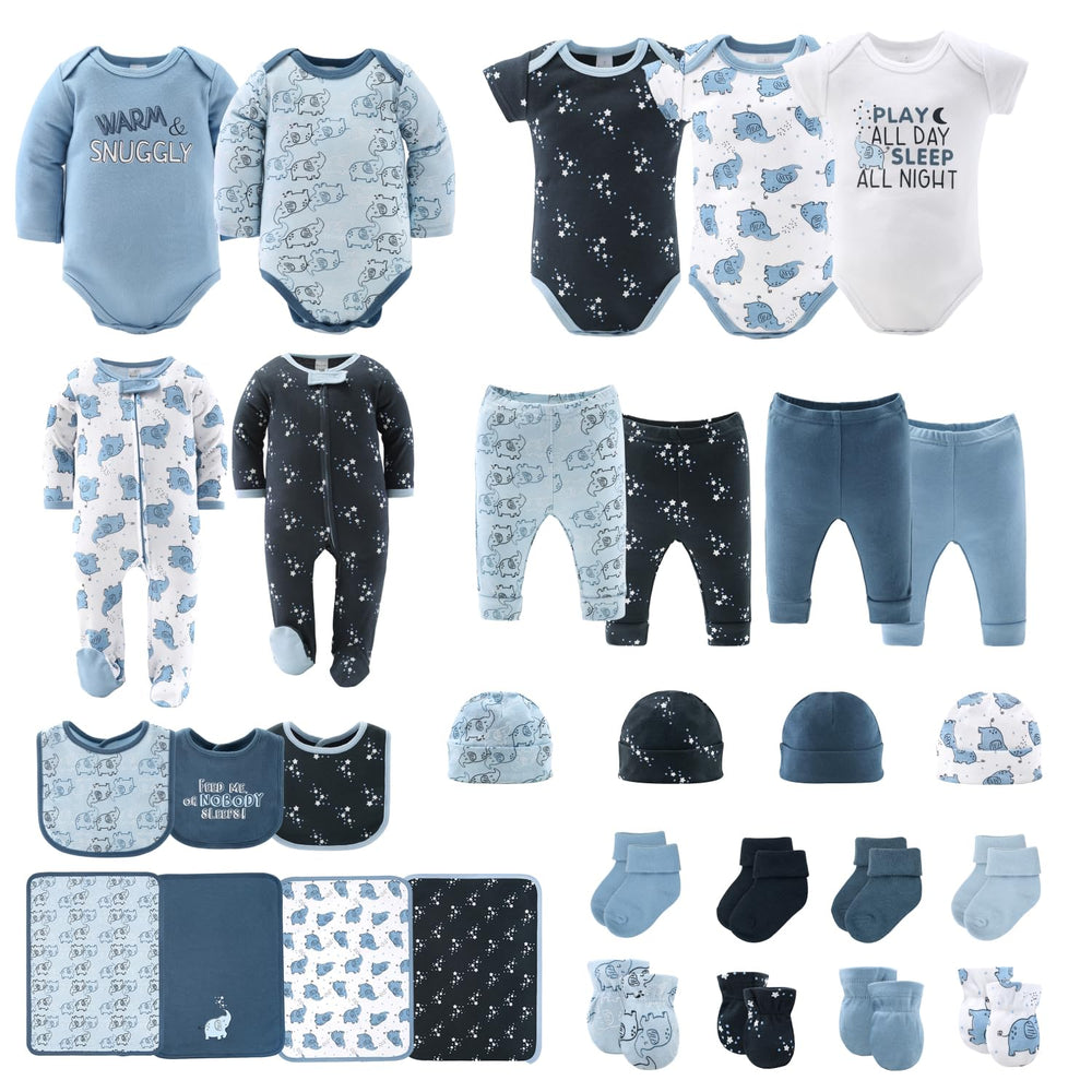 The Peanutshell Elephant Blue layette packaging showing soft cotton newborn essentials