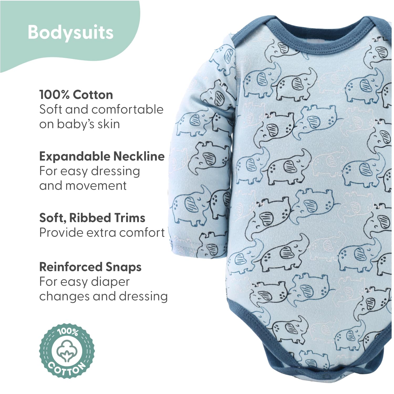 The Peanutshell Elephant Blue short-sleeve bodysuits gentle on delicate skin