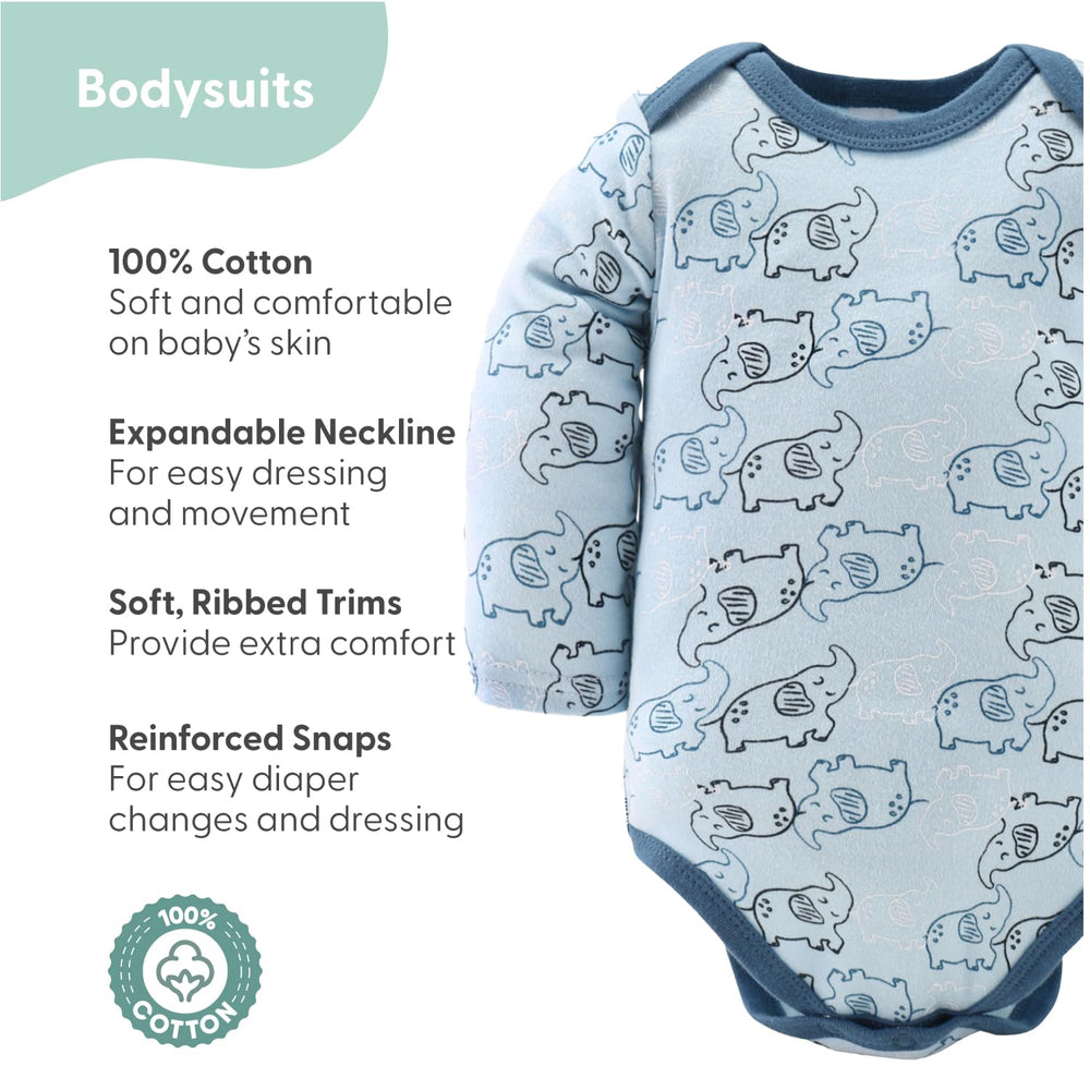 The Peanutshell Elephant Blue short-sleeve bodysuits gentle on delicate skin