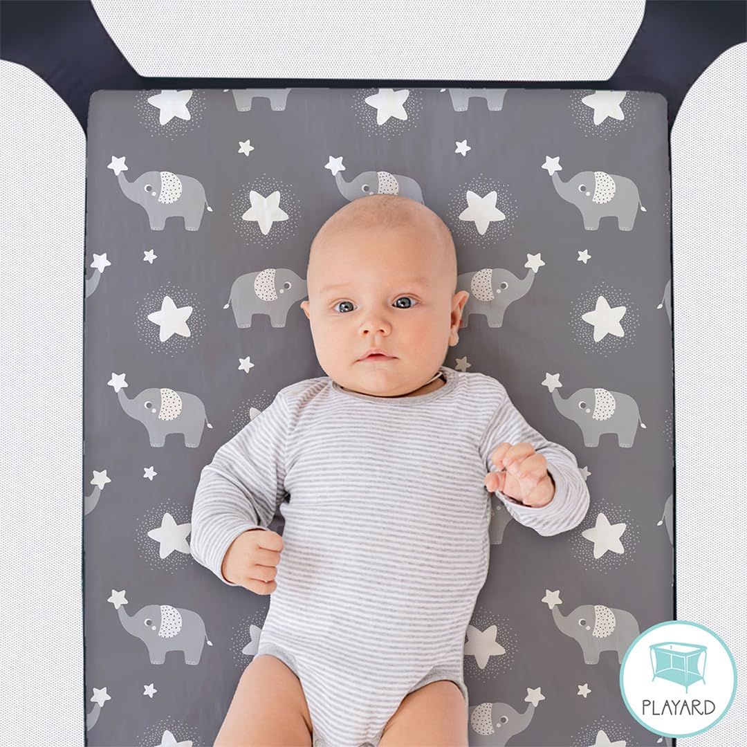 The Peanutshell elephant-stars nursery design adds neutral charm to spaces.