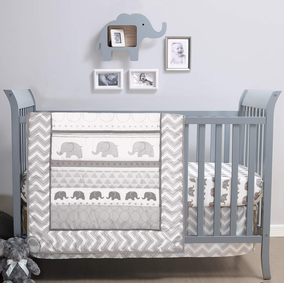 The Peanutshell Elephant Walk crib quilt with elephant herd design adds cozy nursery charm.