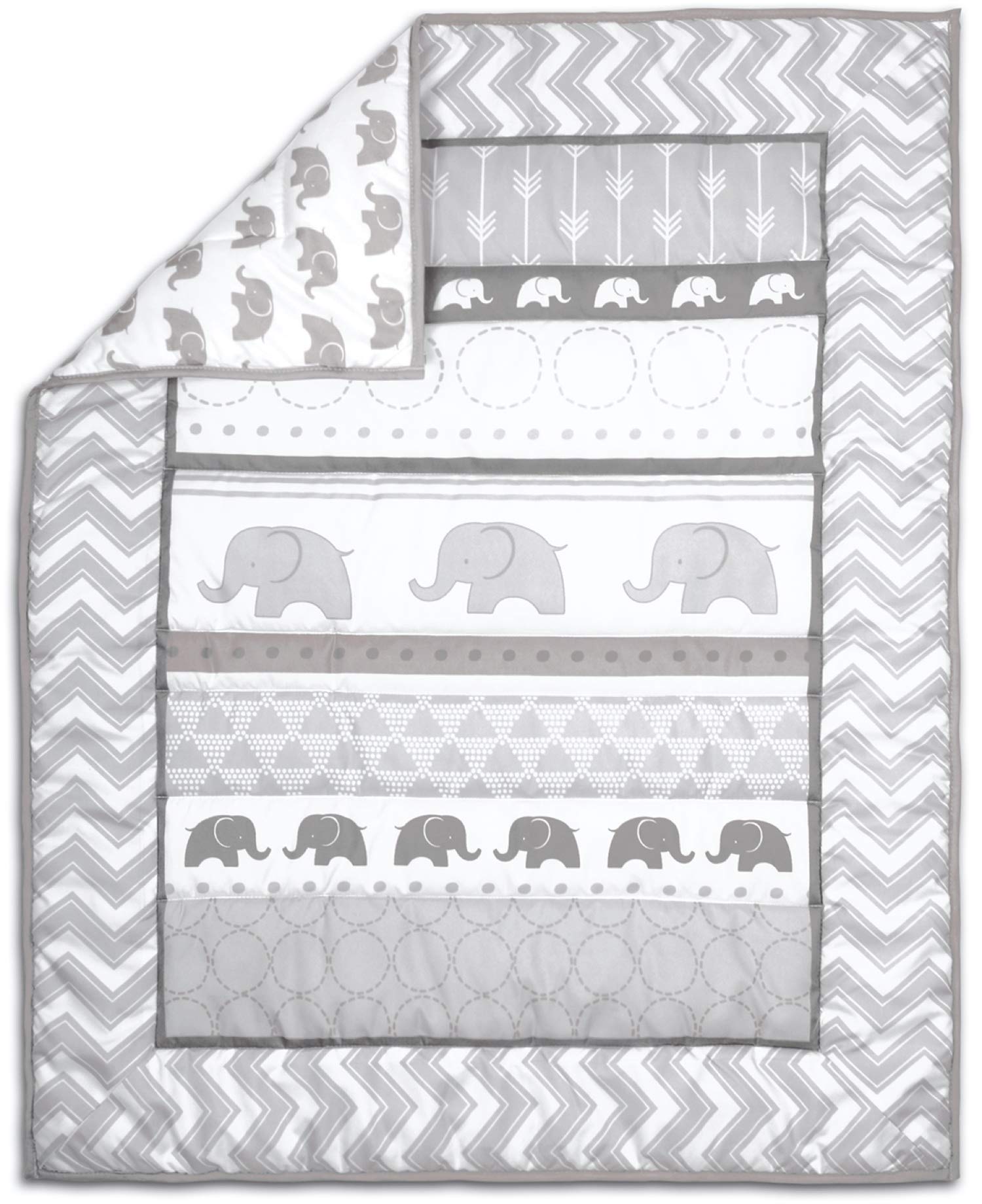 The Peanutshell Elephant Walk dust ruffle finishes the nursery look with soft pattern.