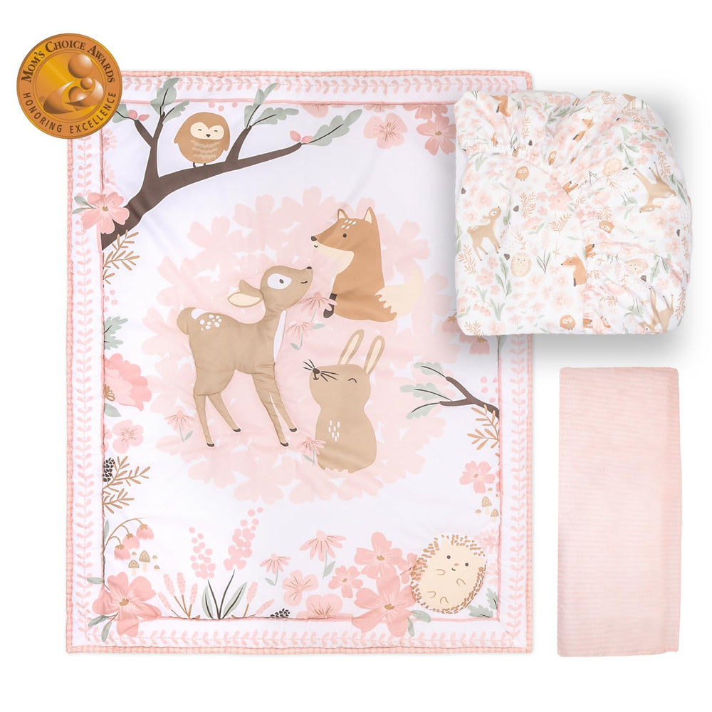 The Peanutshell Fairytale Forest crib sheet highlights snug fit for secure baby sleep.