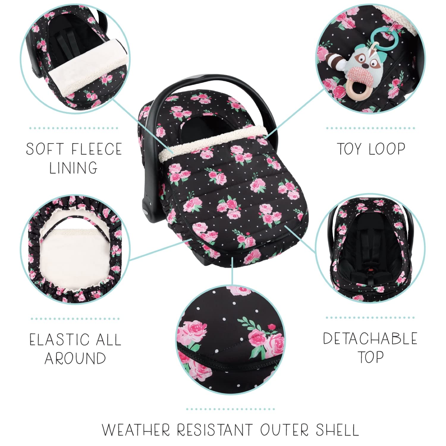 The Peanutshell Floral Rose car seat cover elastic-fit ensures a snug universal fit