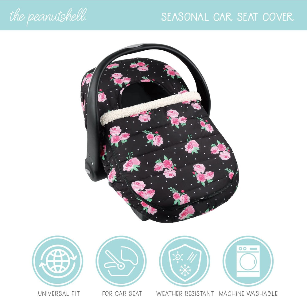 The Peanutshell Floral Rose car seat cover fleece interior keeps baby cozy