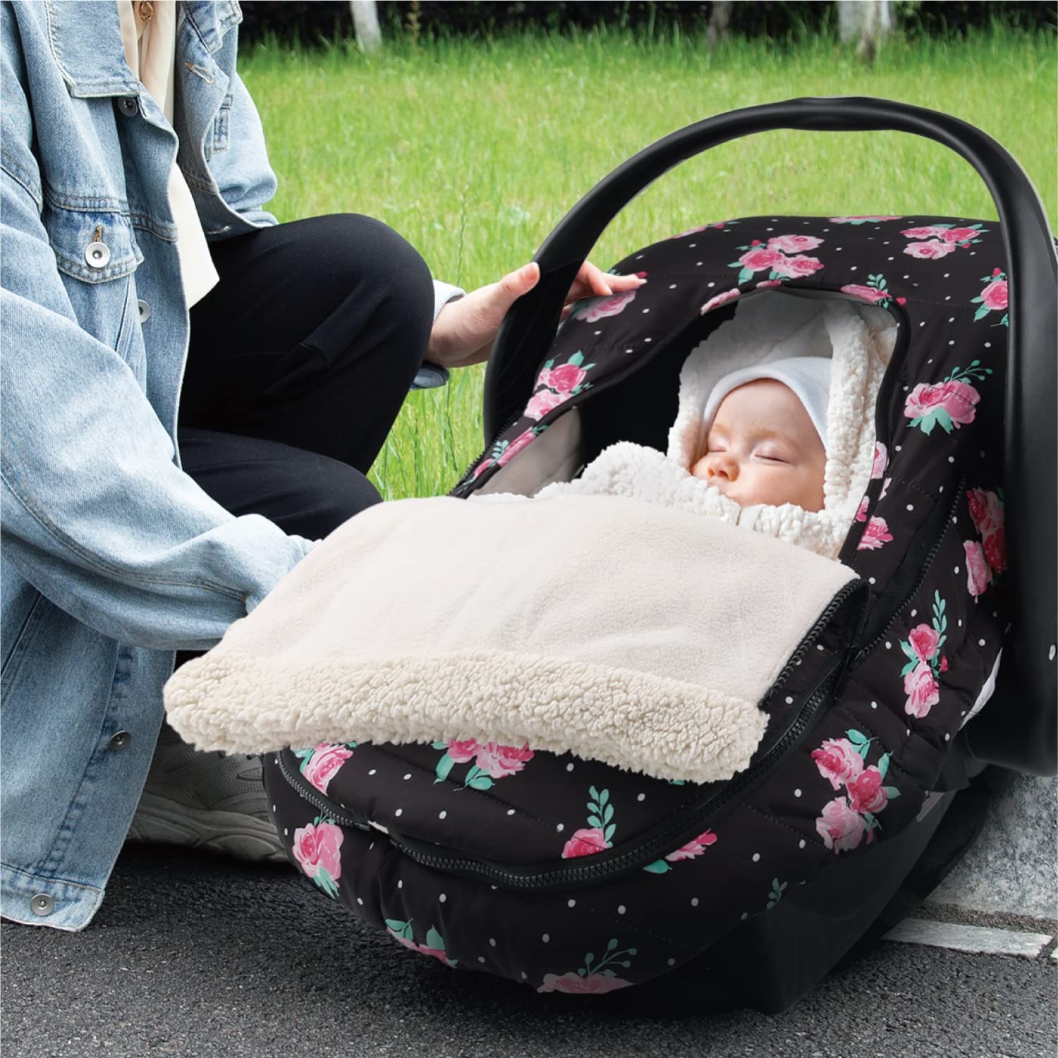 The Peanutshell Floral Rose car seat cover gift-ready packaging for baby showers