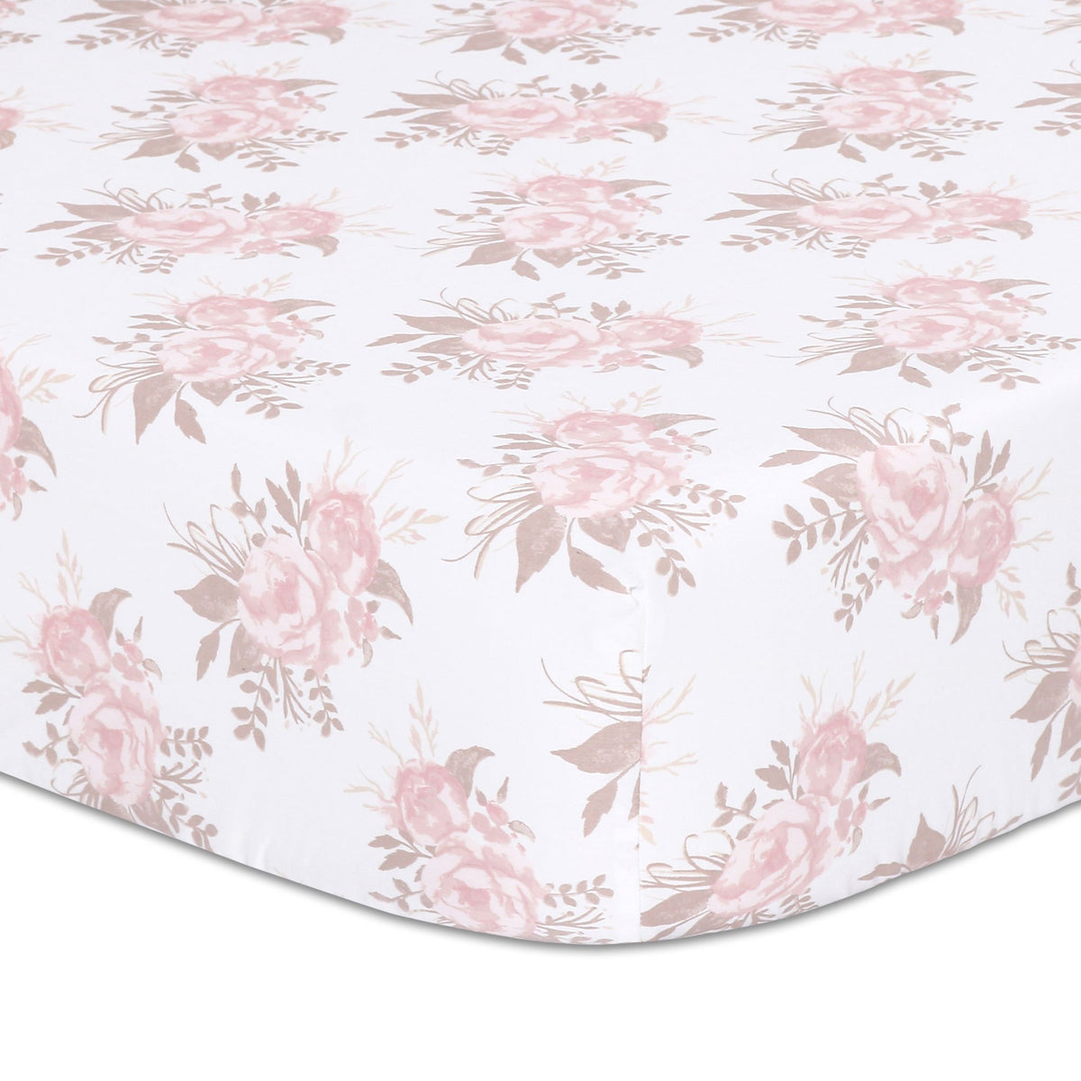 The Peanutshell Grace floral crib sheet in pink prints a soft, breathable surface for cozy naps.