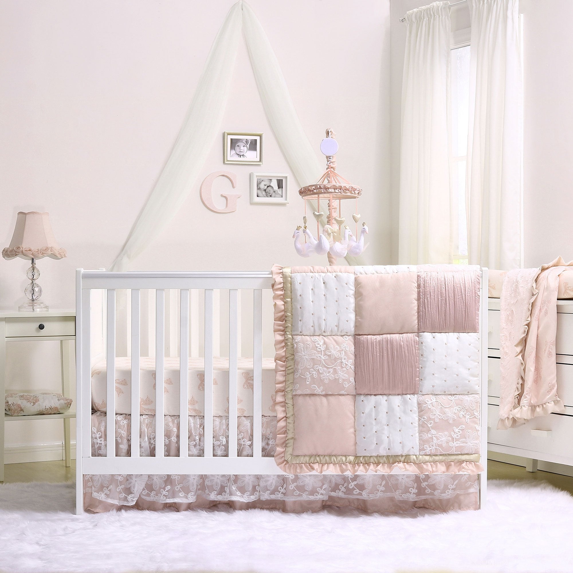 The Peanutshell Grace rosebuds closeup highlights durable, machine-washable fabric for easy care.