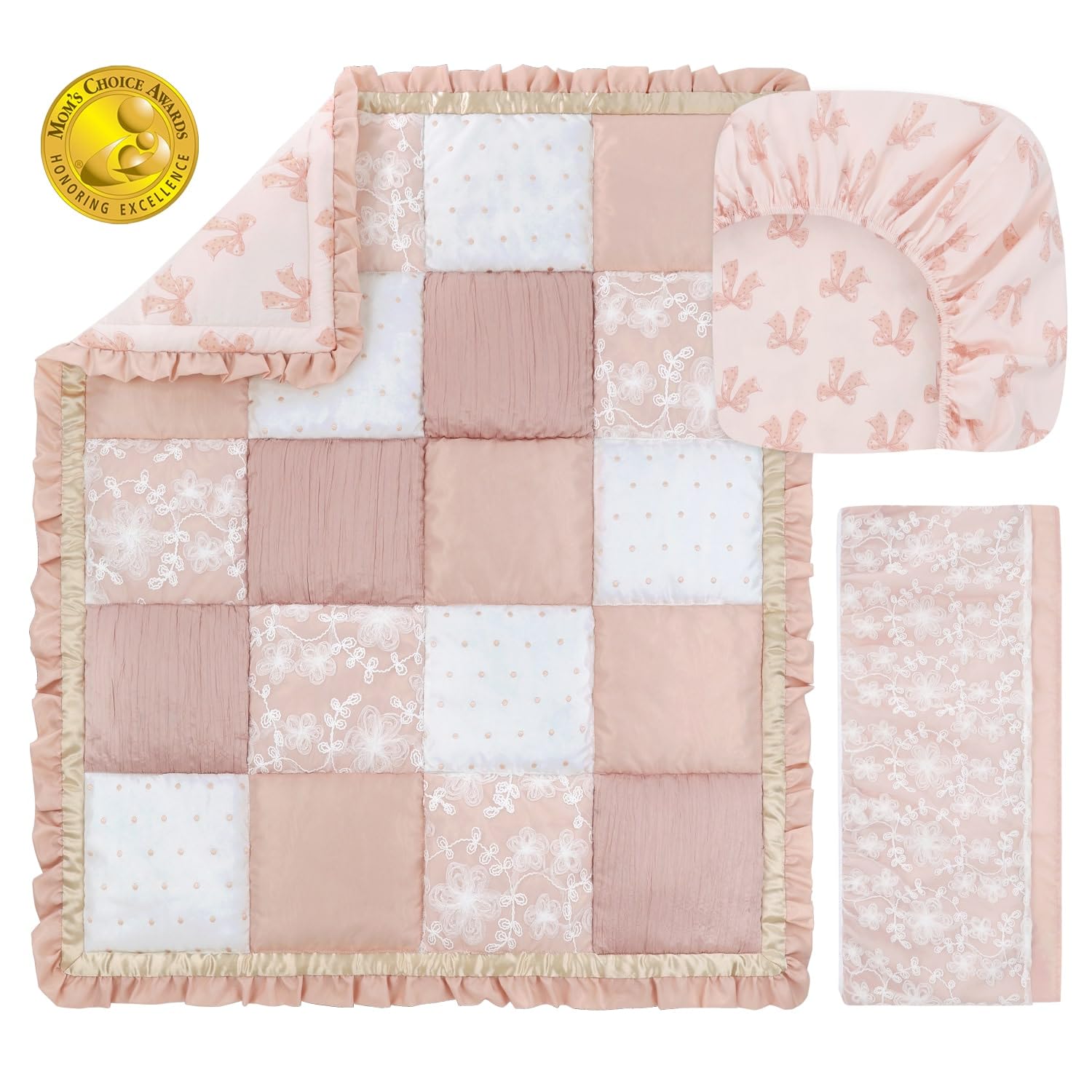 The Peanutshell Grace fitted sheet with pink bows offers breathable comfort for baby sleep.