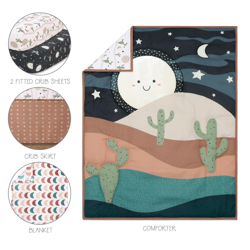 The Peanutshell Joshua Tree dual fitted crib sheets showing secure universal fit.