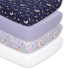 The Peanutshell Lunar Love crib sheet set packaging shows a ready-to-use baby nursery accessory.
