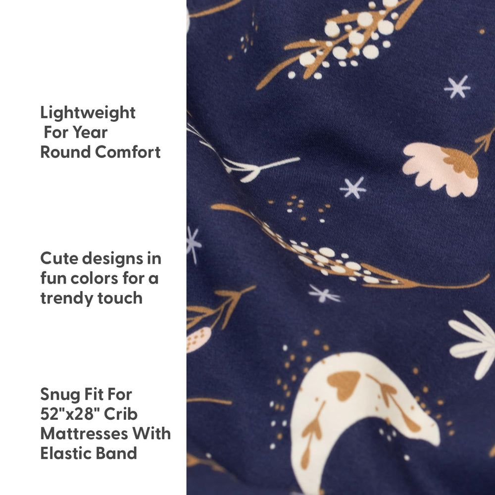 The Peanutshell Lunar Love floral pattern close-up showcases lavender and navy design.