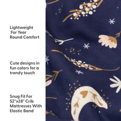 The Peanutshell Lunar Love floral pattern close-up showcases lavender and navy design.