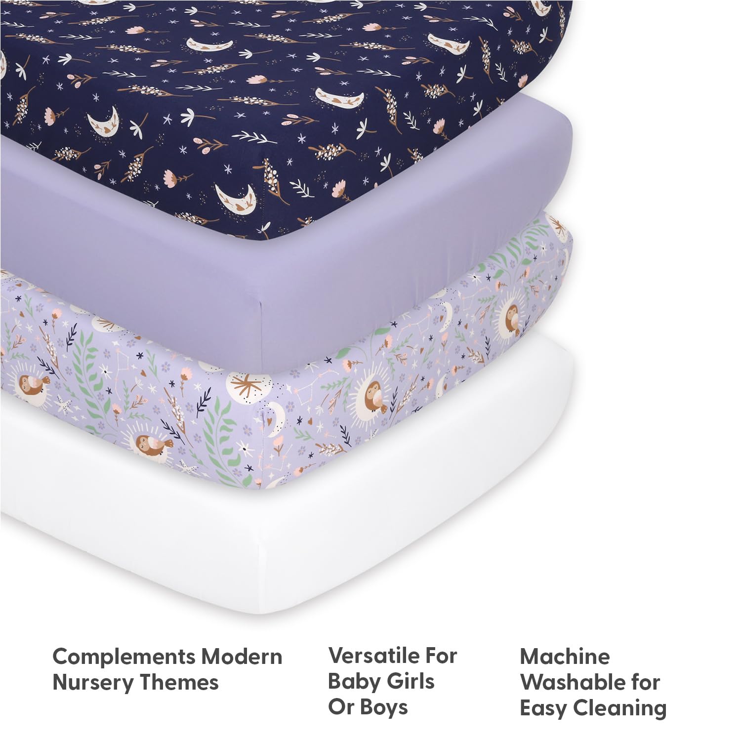 The Peanutshell Lunar Love nursery setup demonstrates coordinated decor with practical crib sheets.