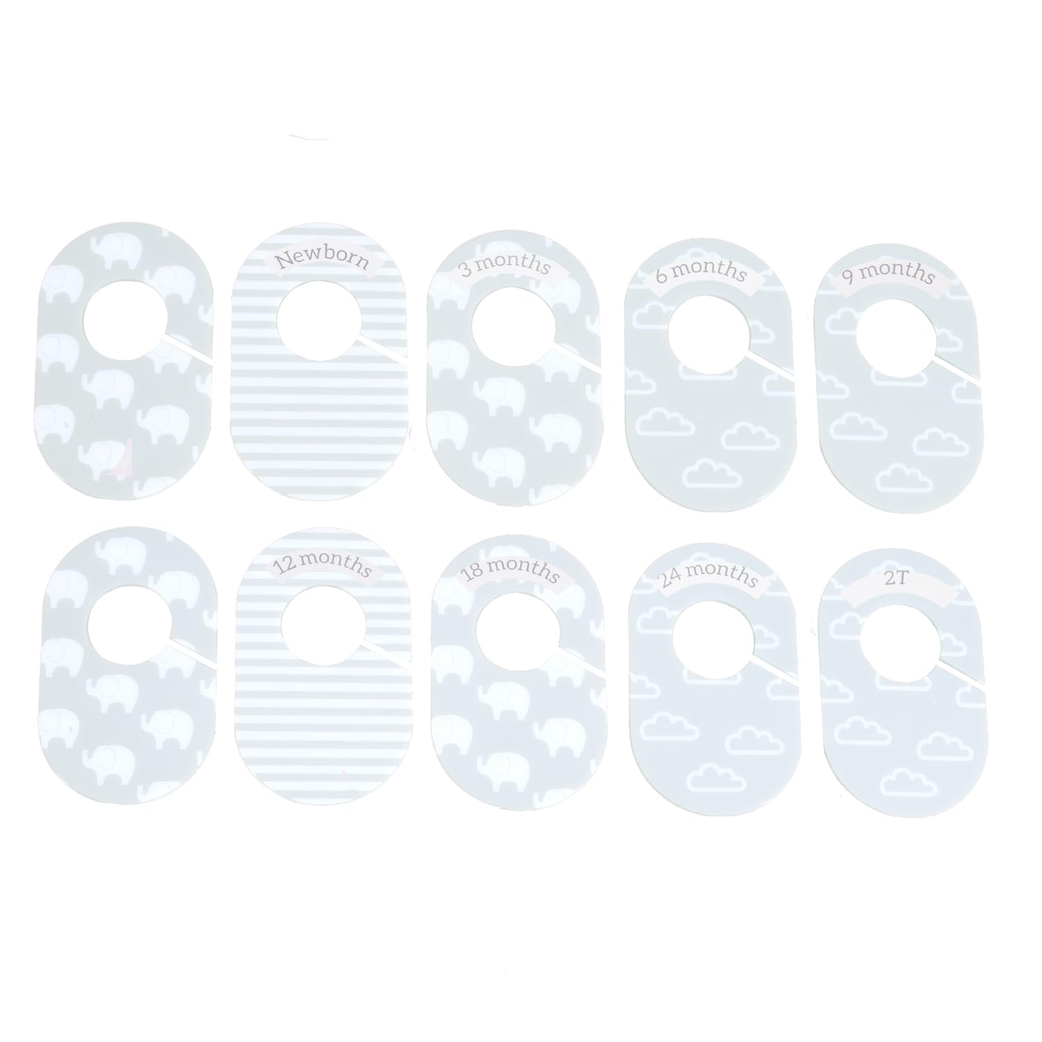 The Peanutshell newborn to 2T size labels demonstrate easy outfit sorting in a closet