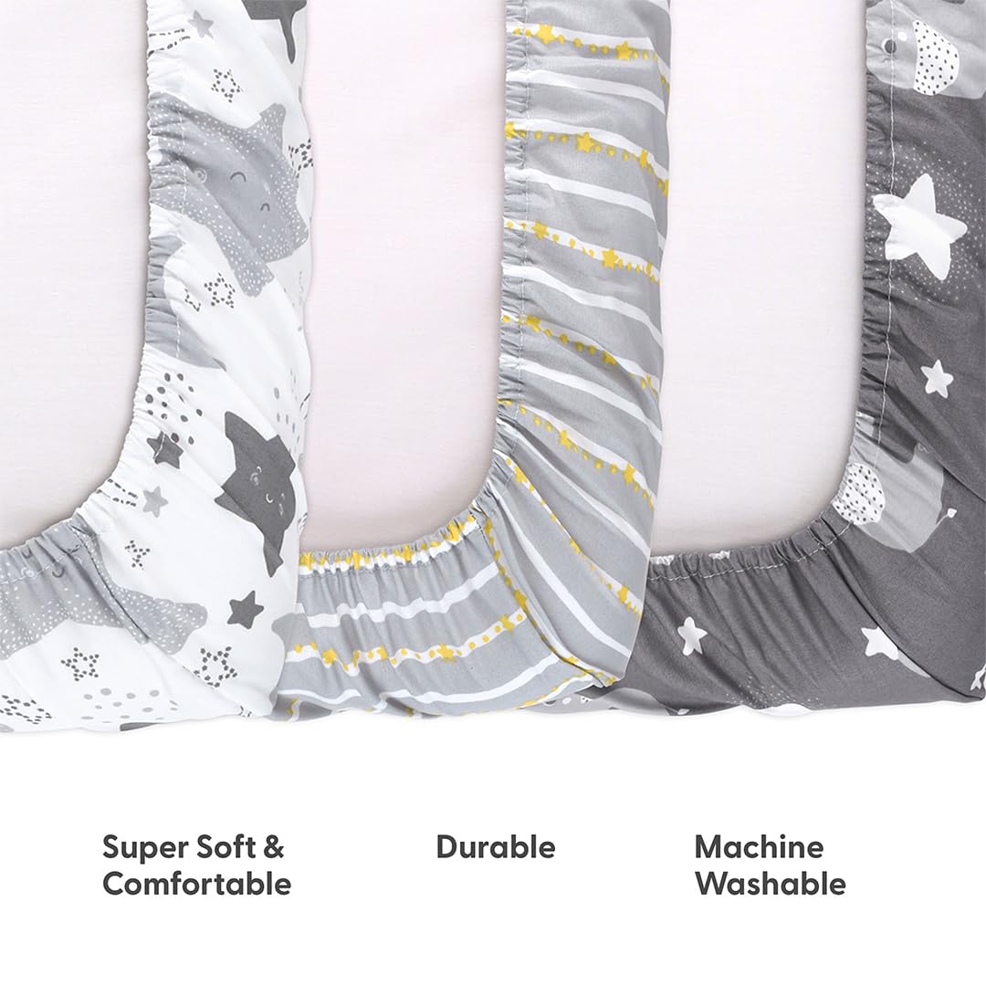 The Peanutshell playard mattress sheet fits 3–5 inch deep mattresses securely.