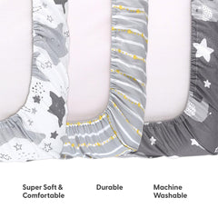 The Peanutshell playard mattress sheet fits 3–5 inch deep mattresses securely.