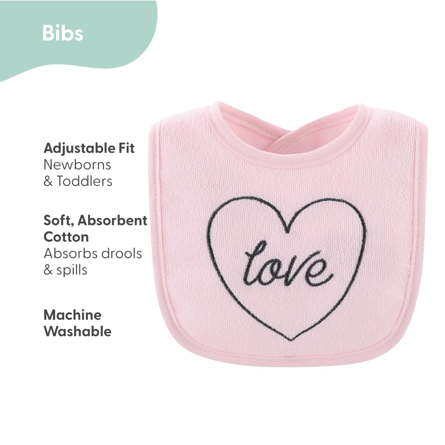 The Peanutshell Rainbow Floral bib set on a baby demonstrates full coverage for drool and spills.