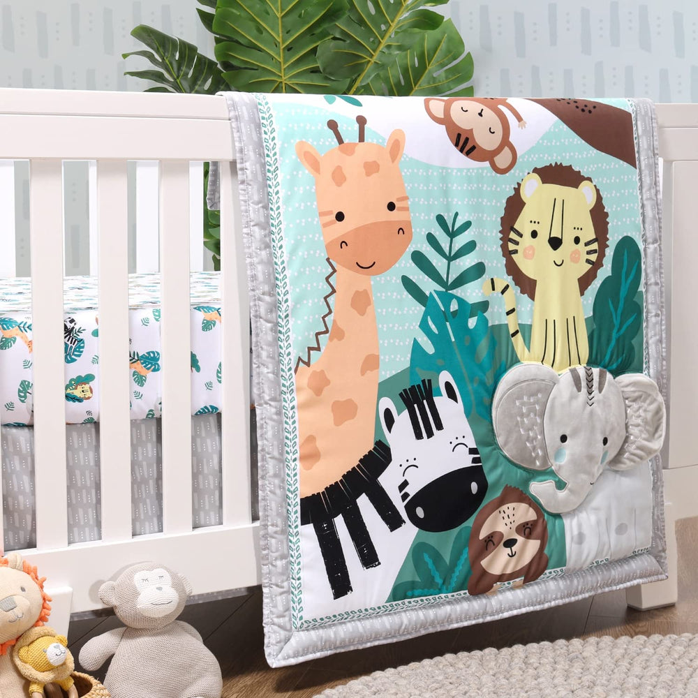 The Peanutshell Safari Adventures nursery setup showcases a coordinated bedding look