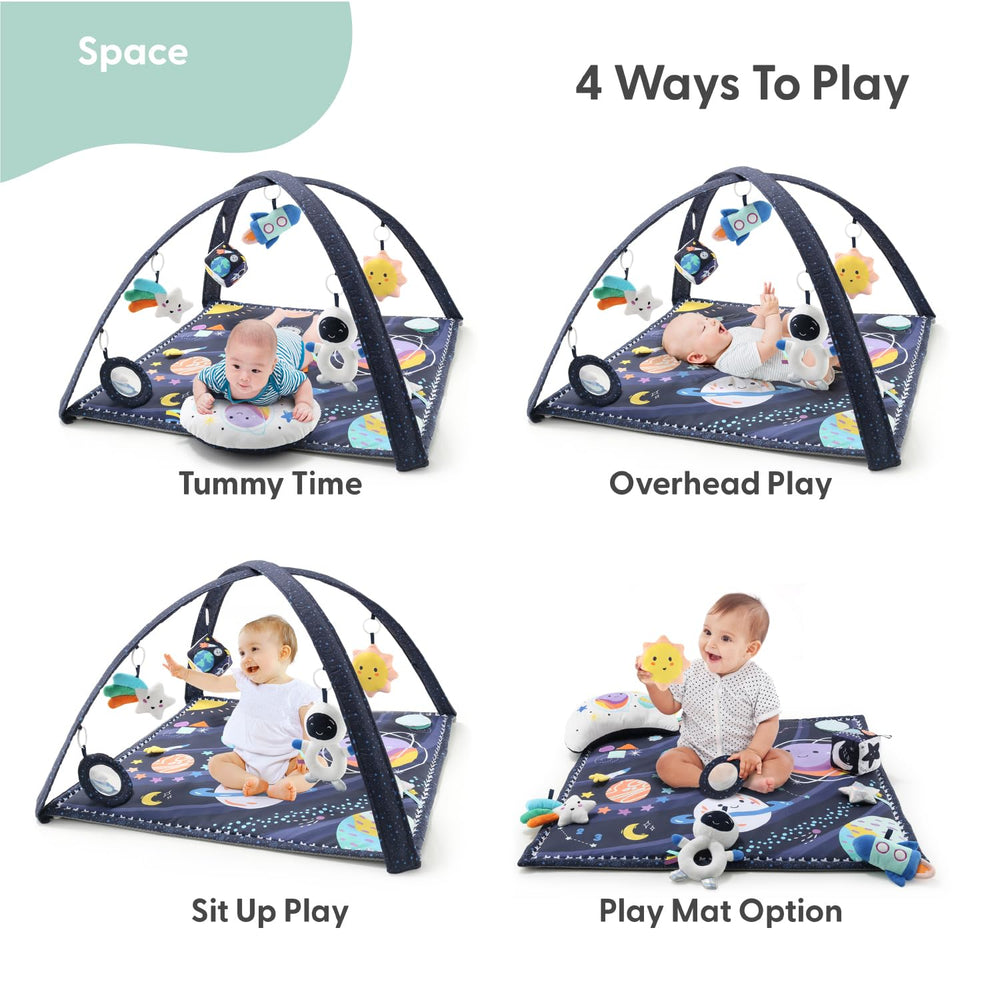 The Peanutshell space play gym showing hanging toys for reach and sensory play