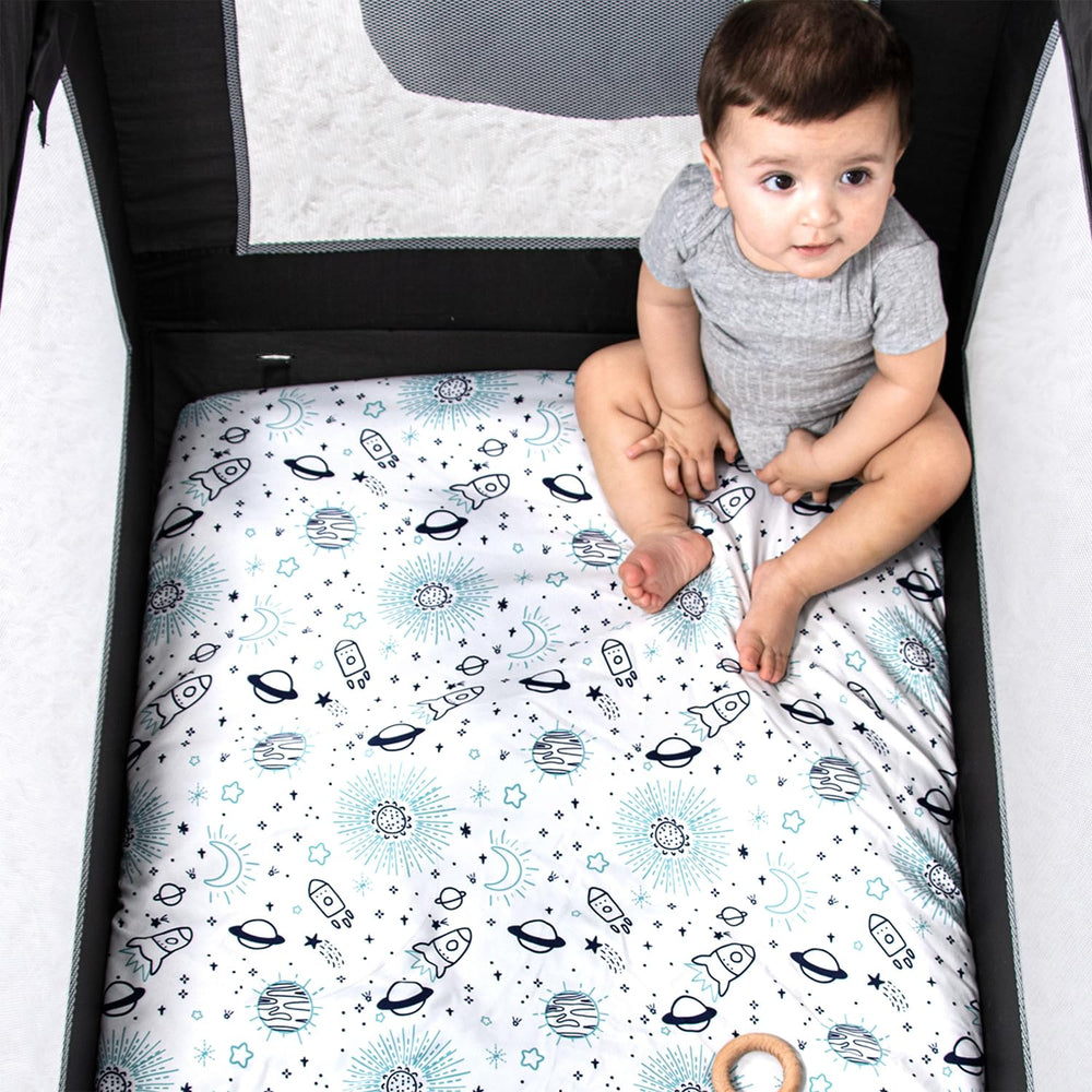The Peanutshell space playard sheet breathable fabric helps regulate baby comfort.