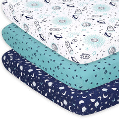 The Peanutshell space playard sheet closeup shows ultra-soft fabric for cozy naps.