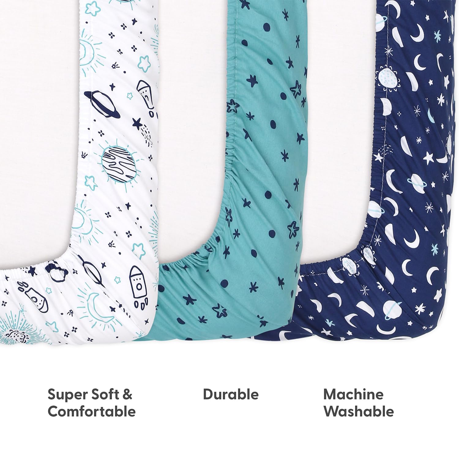 The Peanutshell space playard sheet universal fit demonstrates compatibility with play yards.
