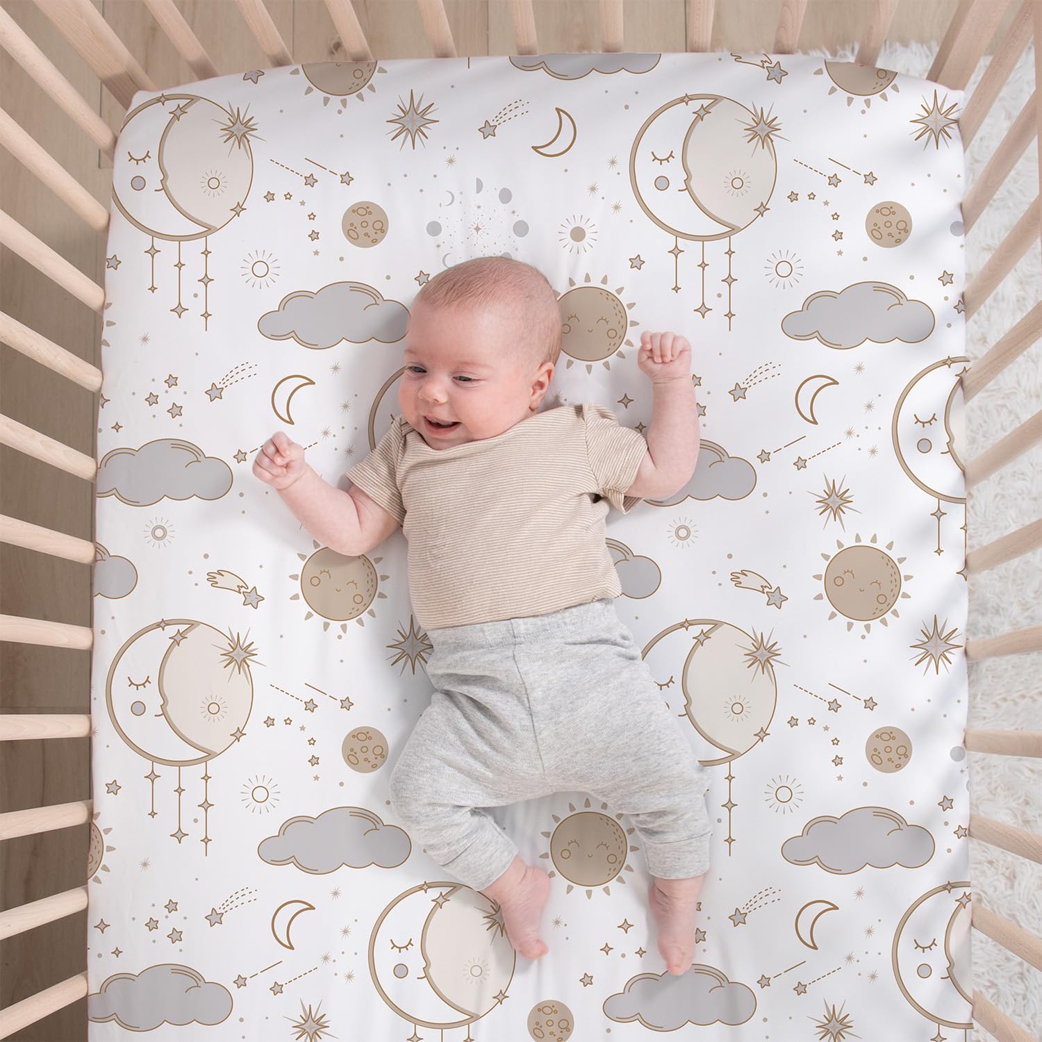 The Peanutshell Starry Skies extra-soft fitted crib sheet for quick changes