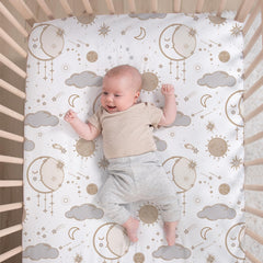 The Peanutshell Starry Skies extra-soft fitted crib sheet for quick changes