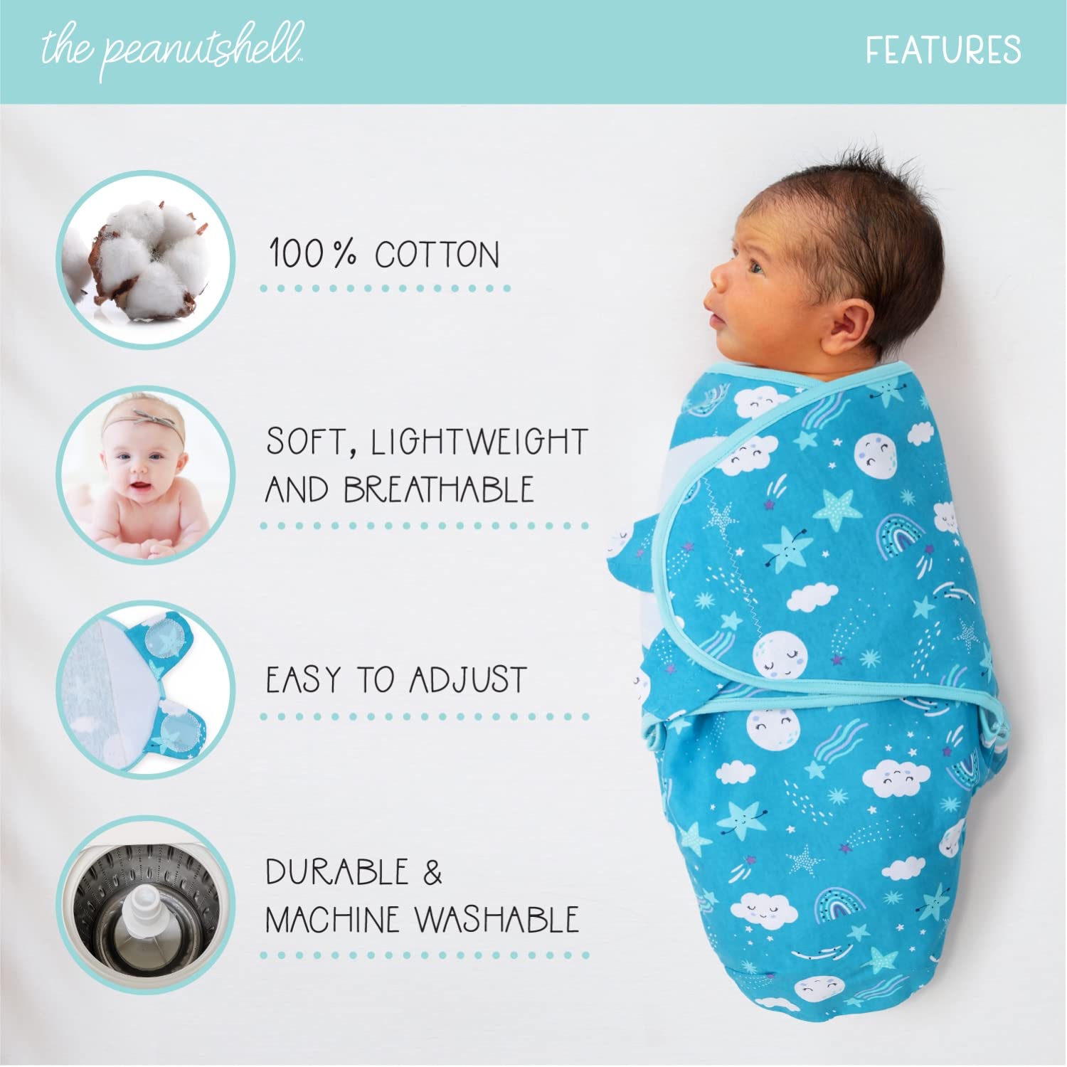 The Peanutshell swaddle teal celestial icons toss image highlights secure snug wrap for naps