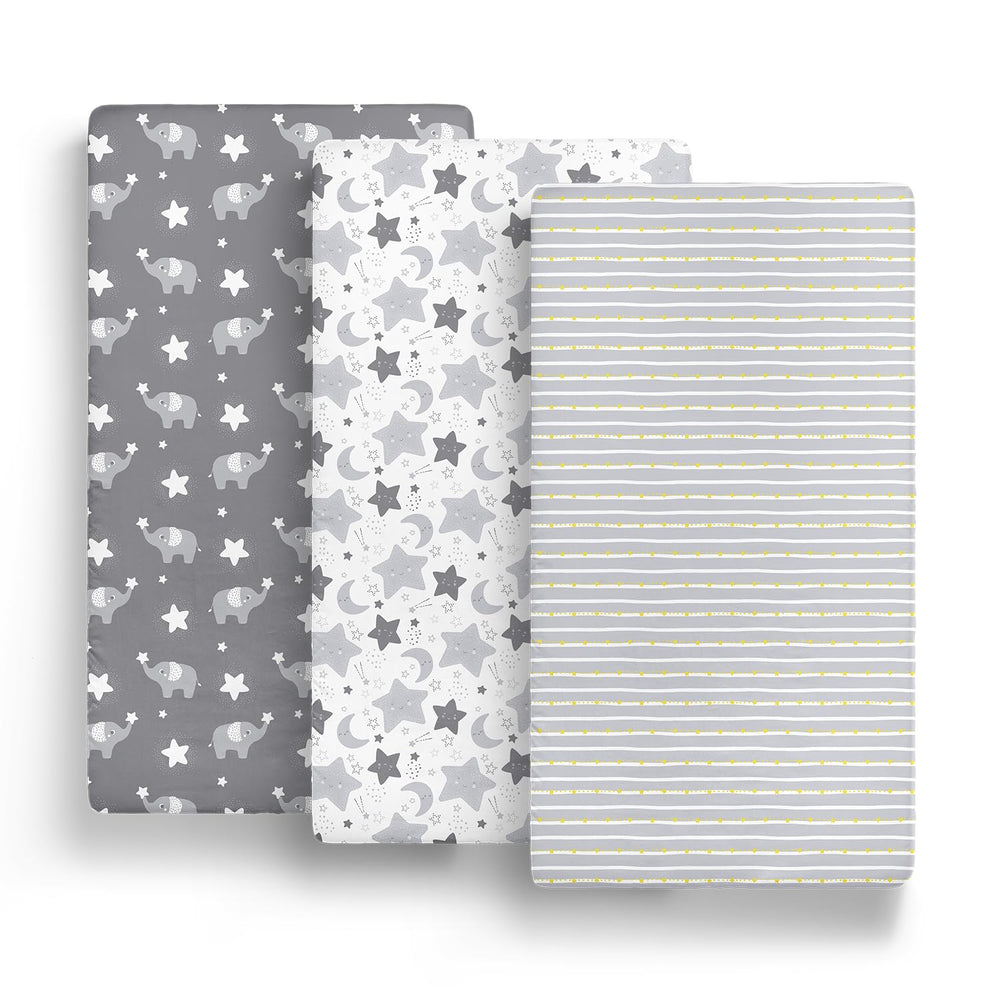The Peanutshell three-pack mini-crib sheets offer easy-care durability.