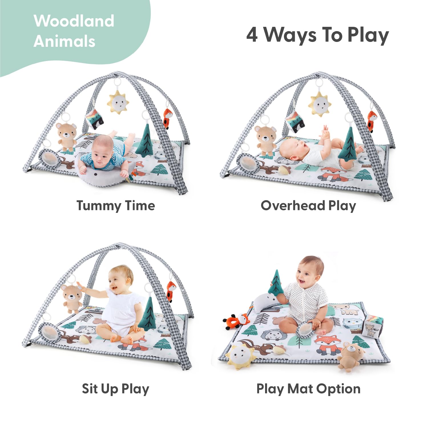 The Peanutshell Woodland bear toy on the play gym supports grasping and exploration.