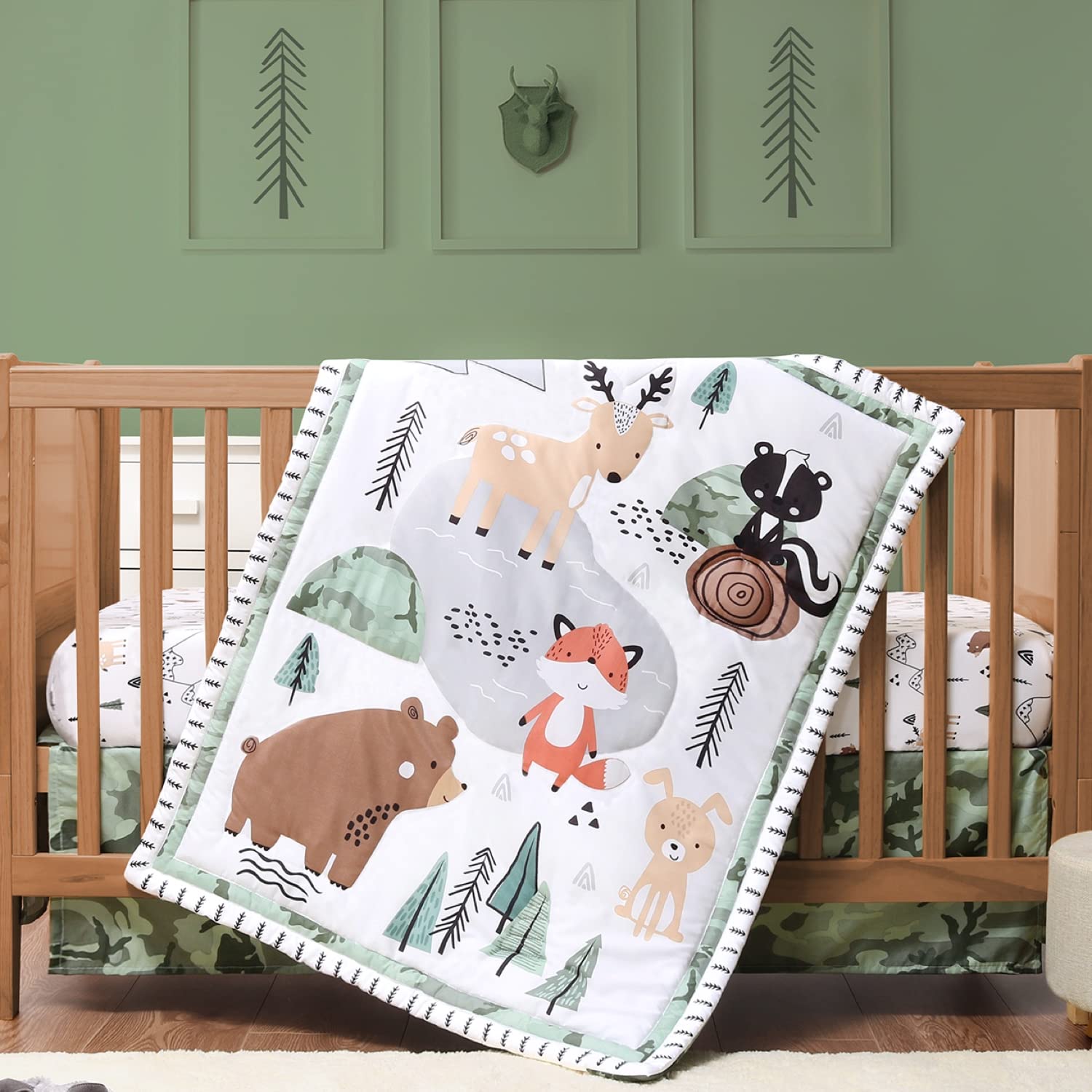 The Peanutshell woodland camo animal design closeup highlights soft microfiber texture for gentle skin touch.