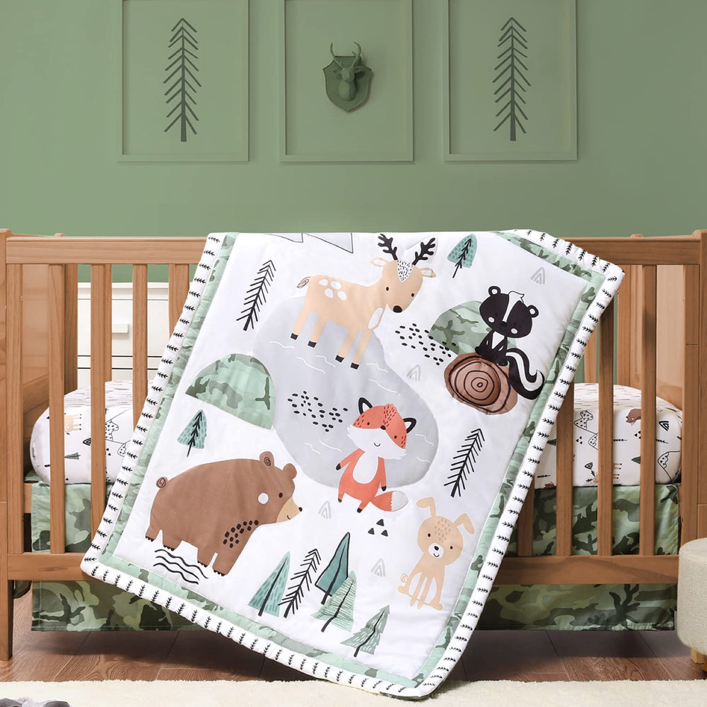 The Peanutshell woodland camo animal design closeup highlights soft microfiber texture for gentle skin touch.