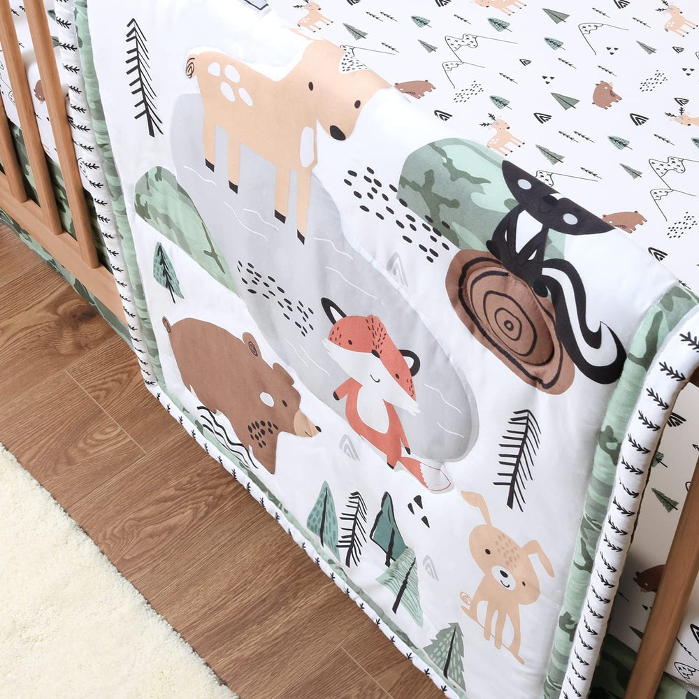 The Peanutshell woodland camo microfiber fabric closeup emphasizes easy care and color retention.